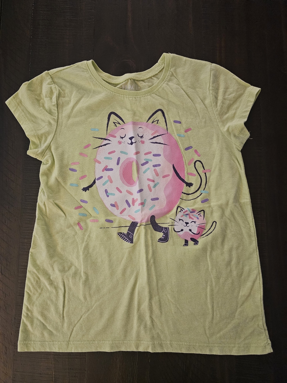 The Children's Place Light Green Tee with Pink Donut-Cat Graphic